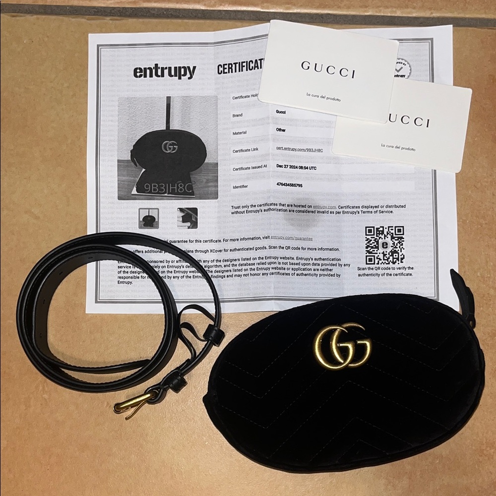 Authentic Gucci Black Velvet Matelasse GG Belt Bag with Gold Emblem Fanny Pack
